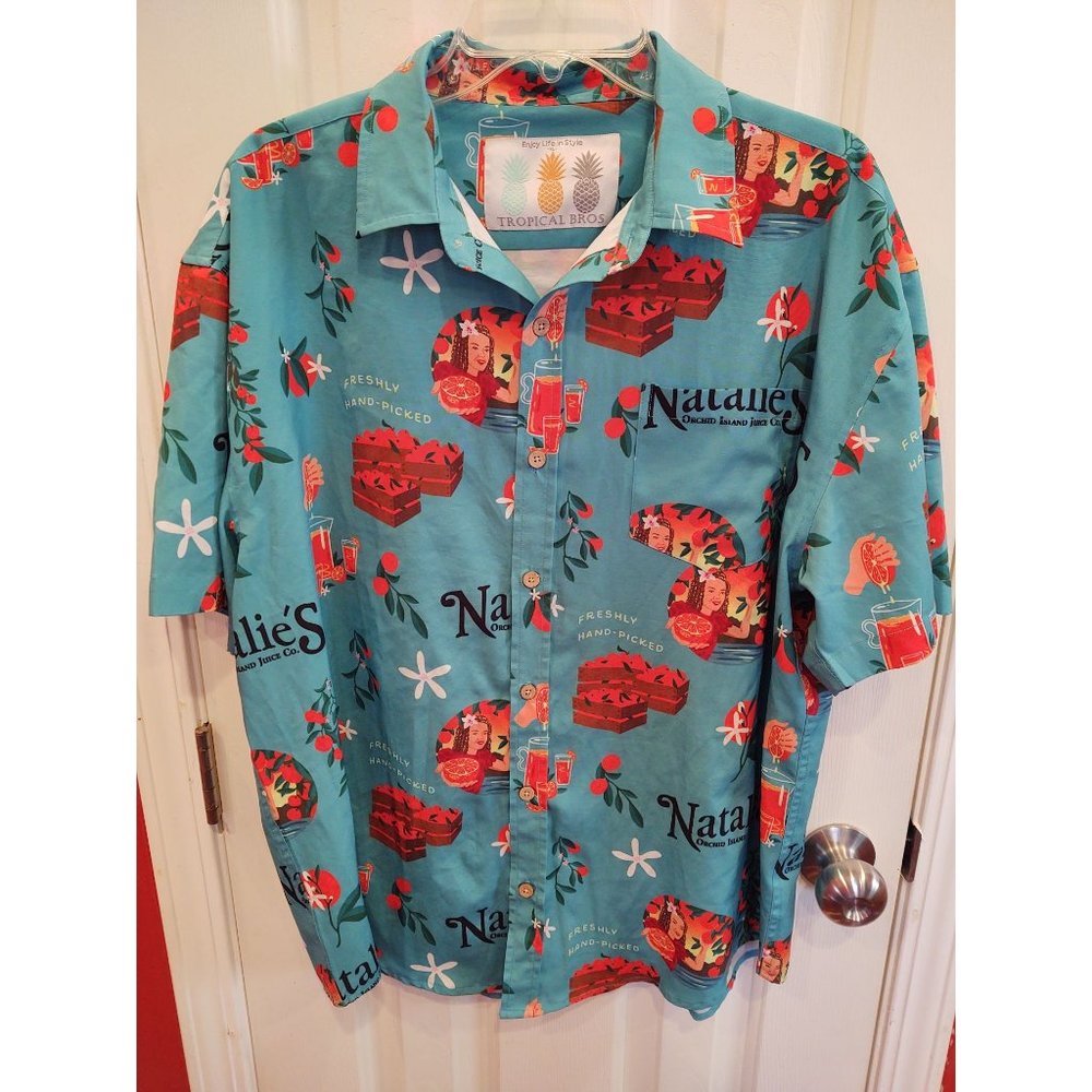 Tropical Bros Natalie's Orchard Island Juice Co Shirt XL Blue Short Sleeve Butto